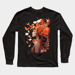 Girl With Butterflies And Leaves  in Her Hair Fall Girl Long Sleeve T-Shirt